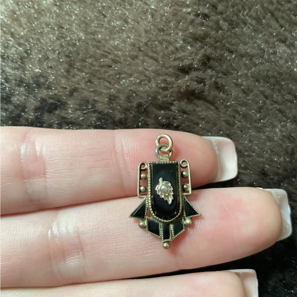 Antique Black Mourning Necklace Pendant Charm with Seed Pearl Memento Mori